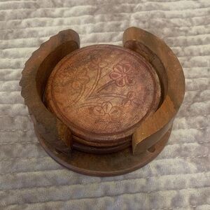 Vintage Hand Carved Wooden Floral Five Piece Coaster Set